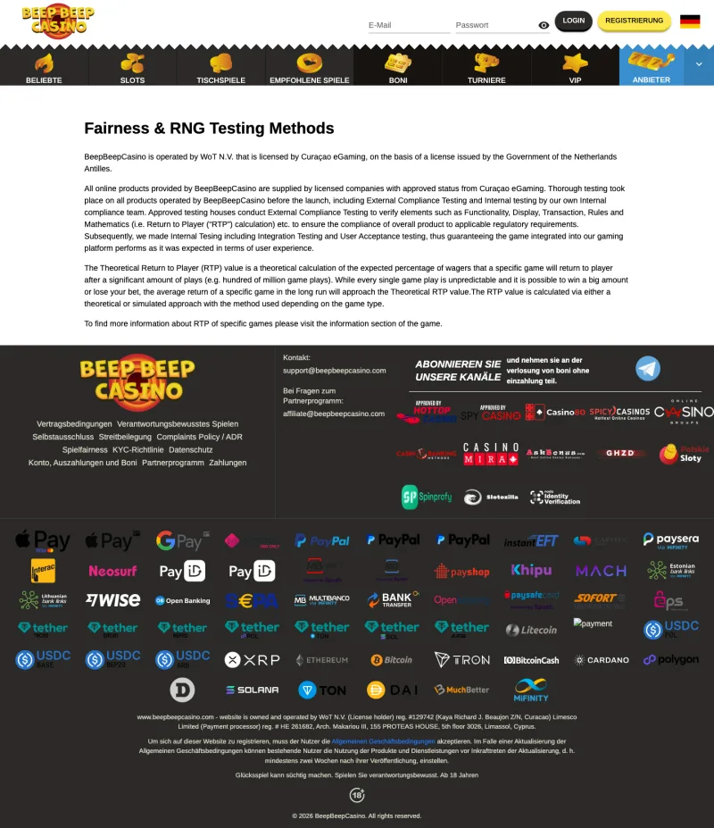 Fairness- und RNG-Seite von Beep Beep Casino mit Lizenzangabe im Footer