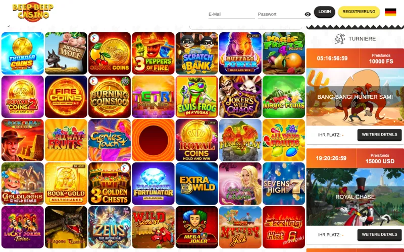Spielelobby von Beep Beep Casino mit Slot-Kacheln und Turnier-Panel